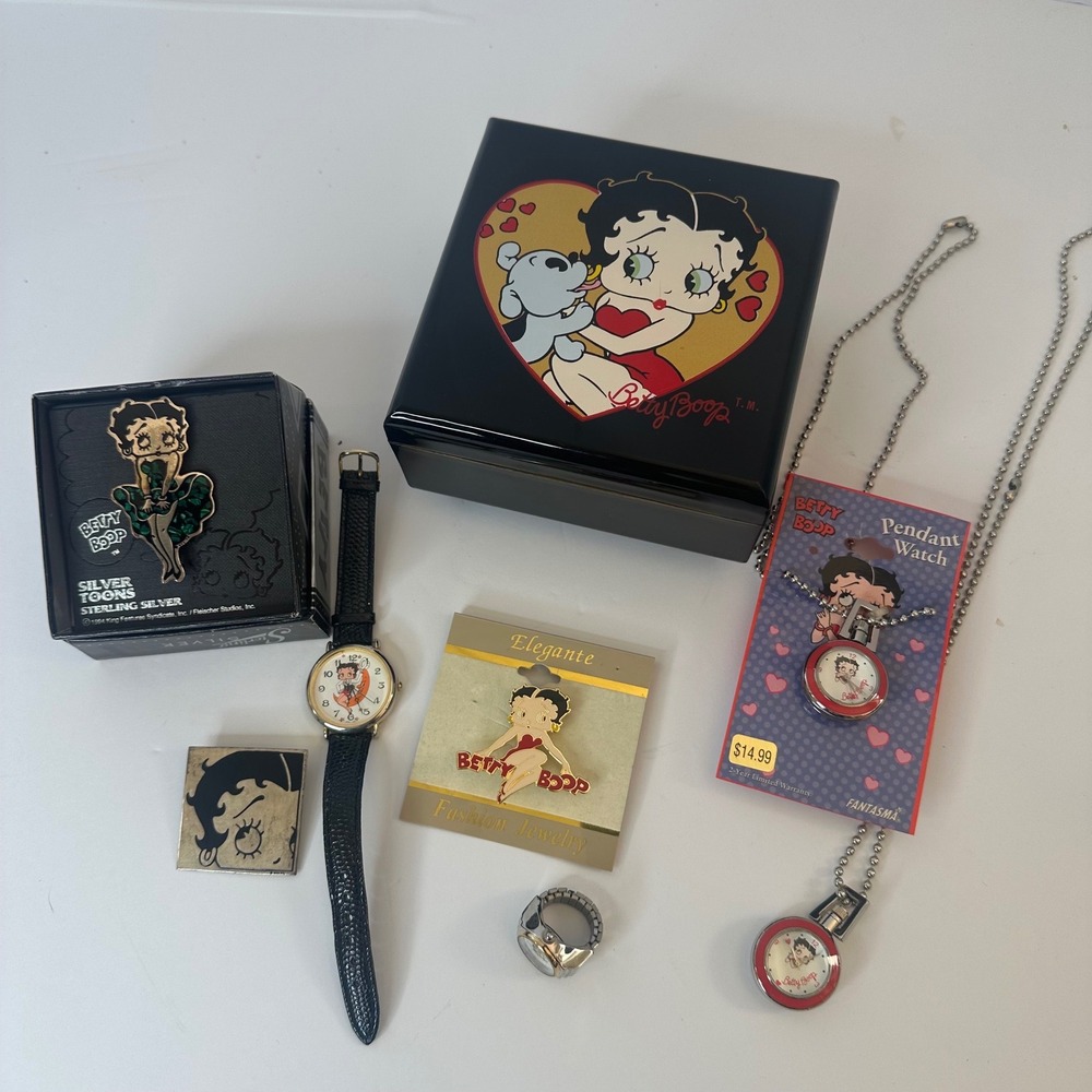 Vintage Betty Boop Jewelry Box Set Watches Ring Pins Sterling Silver Toons Lot